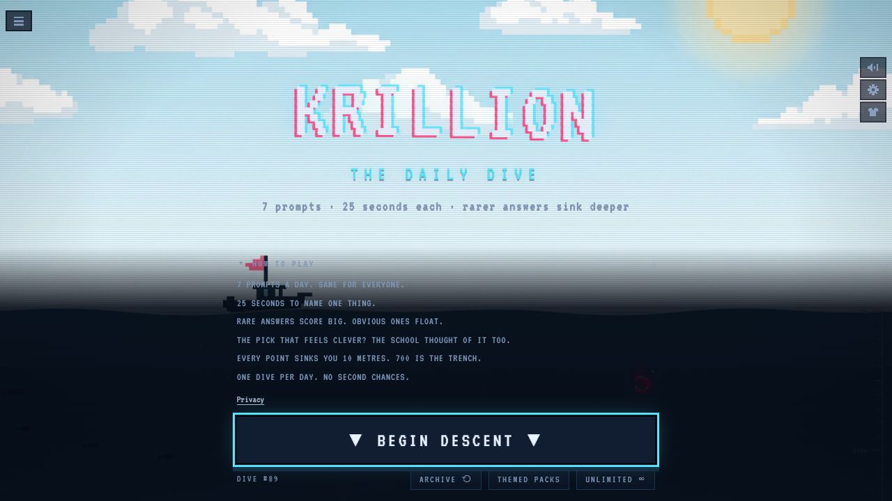Original Krillion daily game start screen game artwork
